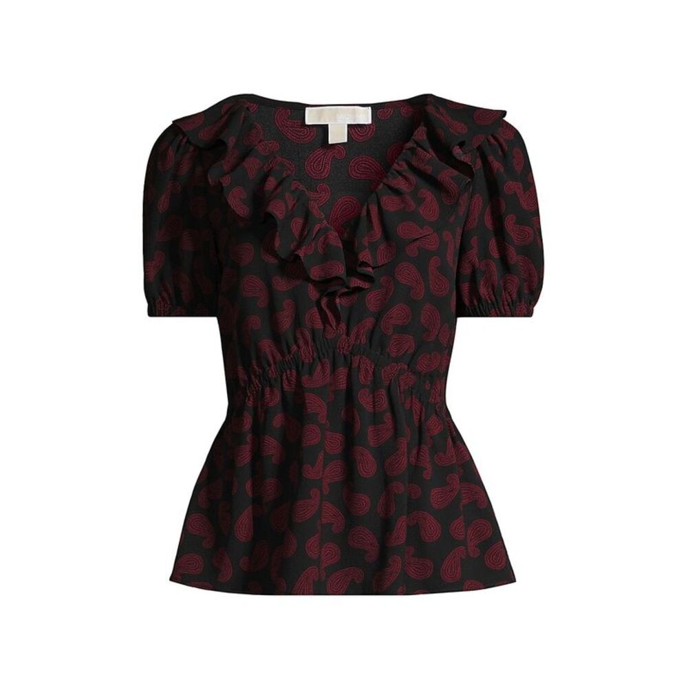 Michael Kors Paisley Puff-sleeve Peplum Top In Dark Ruby S